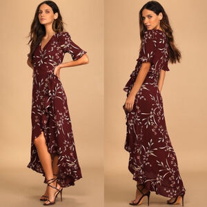 Lulus Burgundy Floral Wrap Maxi Dress High Low Flutter Sleeve Size XL